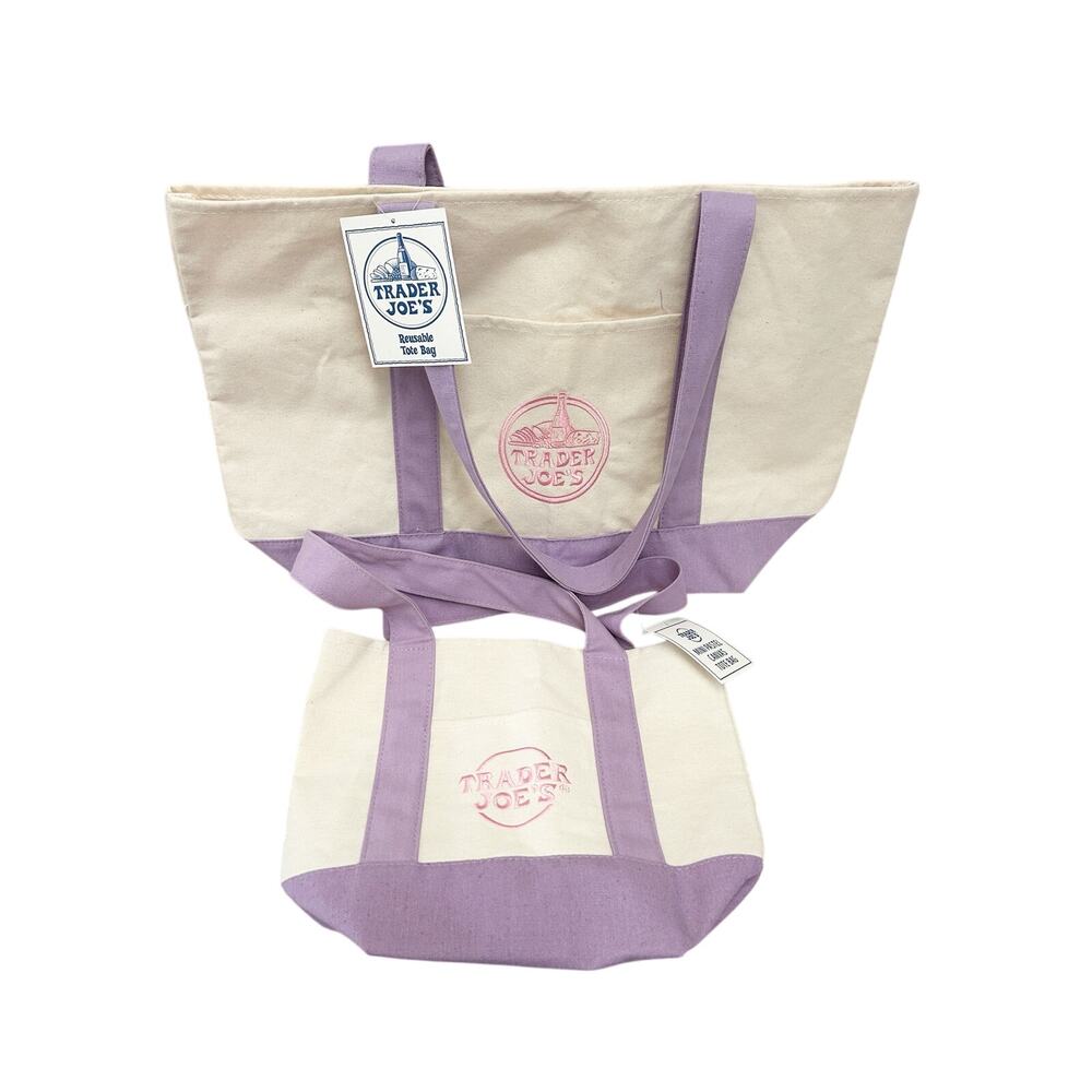 TRADER JOE'S Canvas Tote Bag Set Lot 2 Regular Large & Mini Purple Lavender NWT